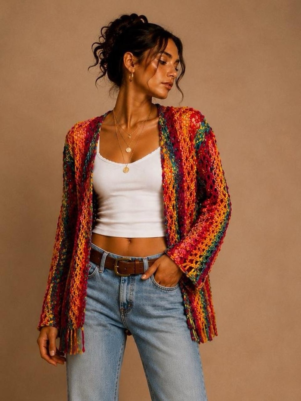 Multicolor Open-Knit Fringe Women's Cardigan Sweater size large - Picture 2 of 8